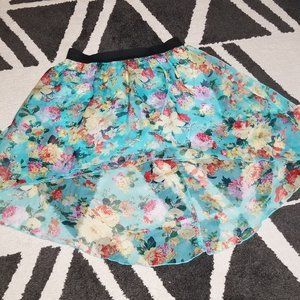 Turquoise High-Low Floral Skirt with Elastic Waist